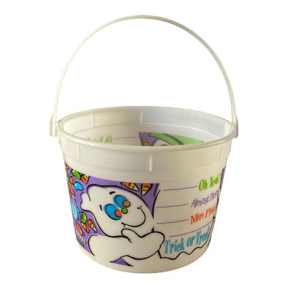 Vintage 90s Berry Plastics Halloween Pail Bucket Glow In The Dark Ghost Skeleton - Picture 1 of 6
